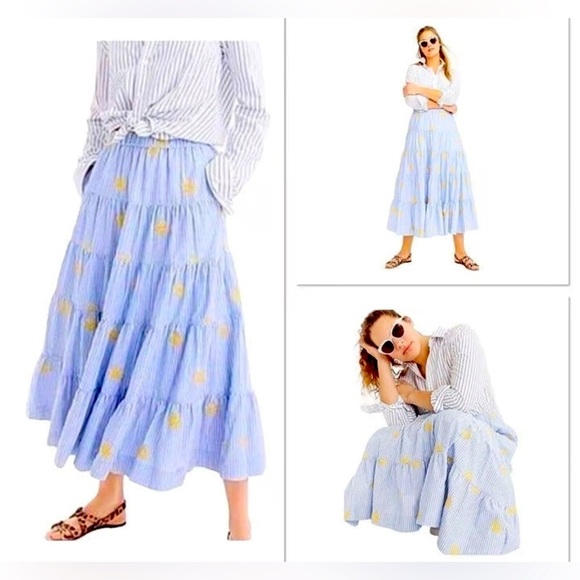 J.Crew Embroidered Pineapple Striped Tiered Midi Skirt Blue White Size XS - Picture 7 of 15